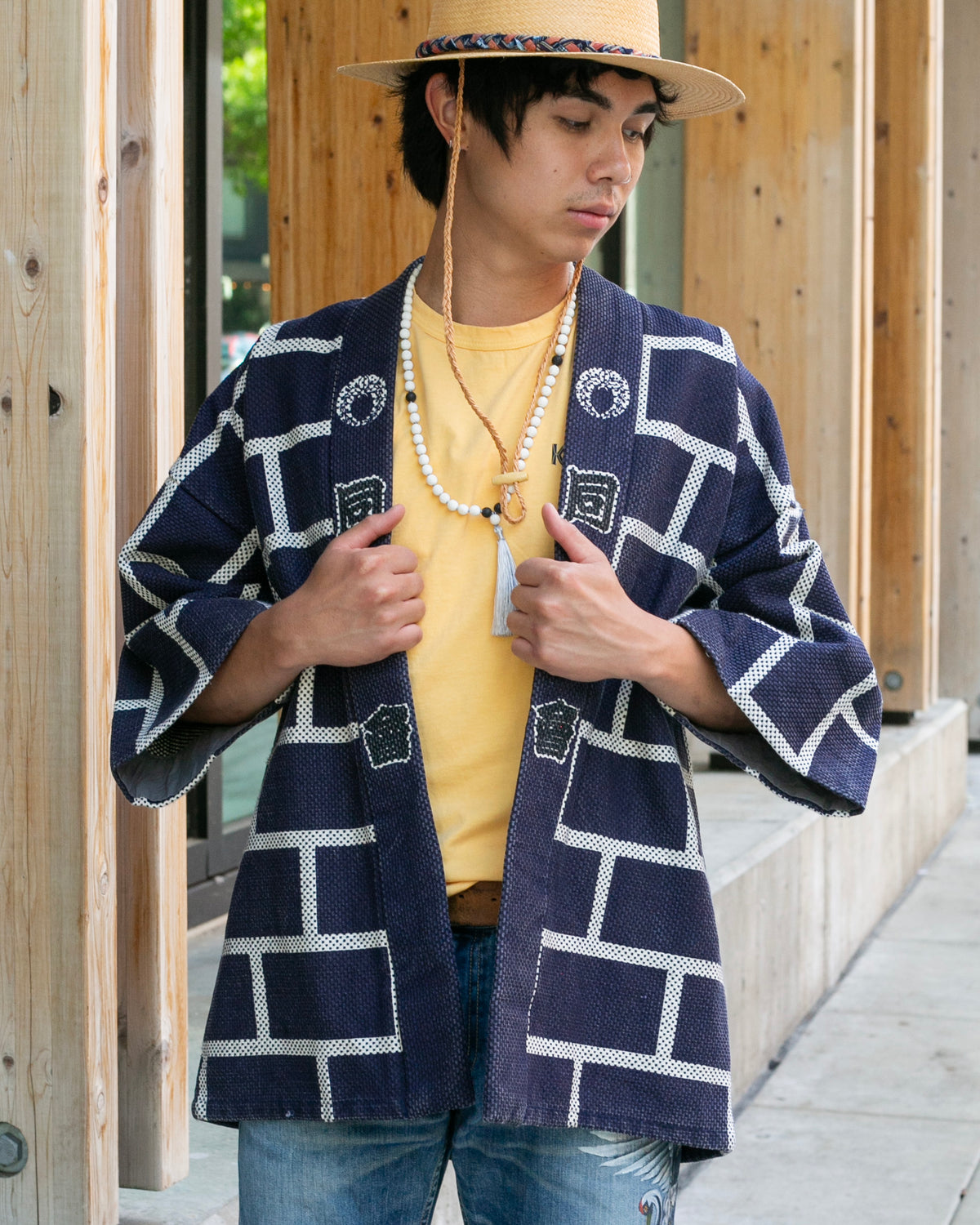 Vintage Happi Jacket, Navy Sashiko with Red and White, Ichi