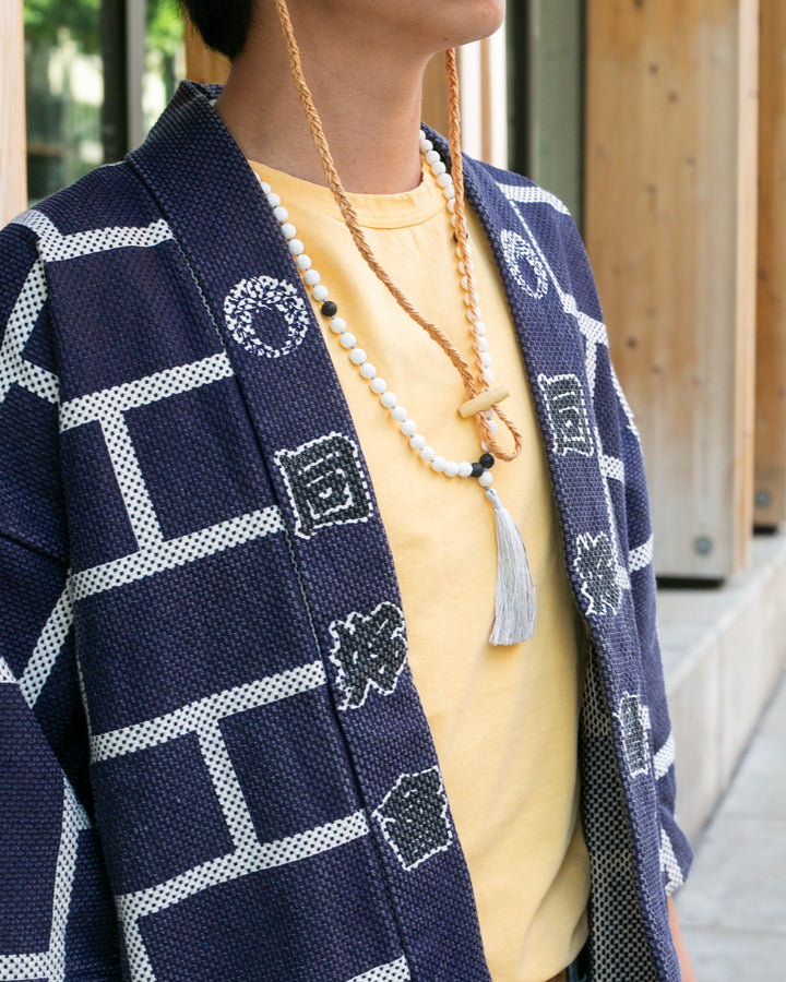 Vintage Happi Jacket, Navy Sashiko with Red and White, Ichi