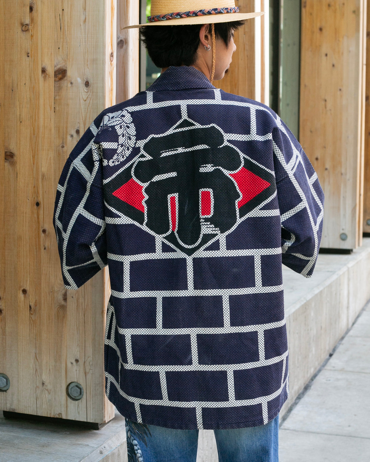 Vintage Happi Jacket, Navy Sashiko with Red and White, Ichi