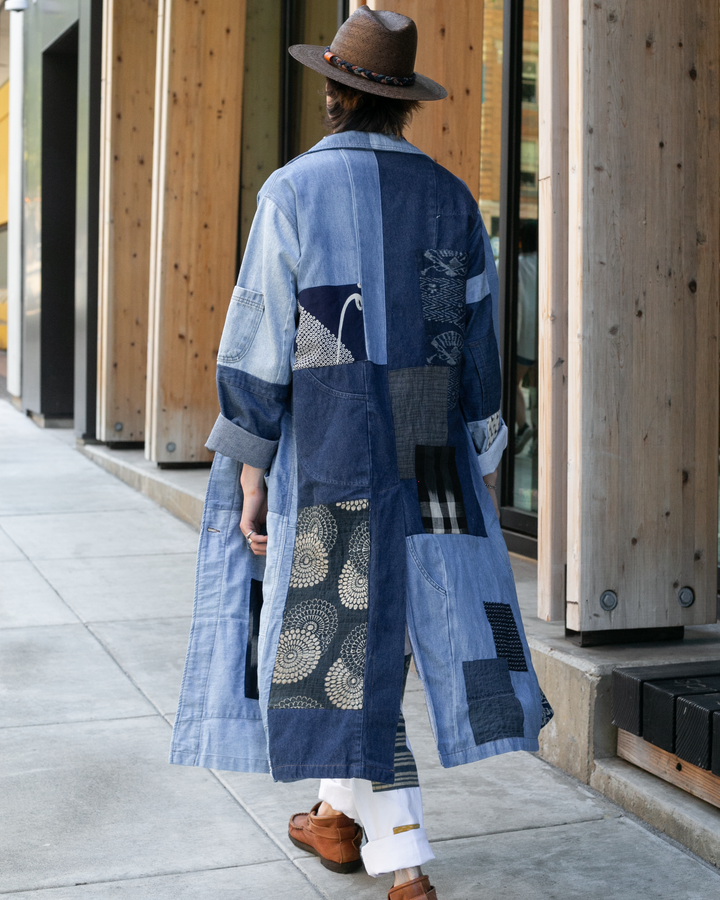 Kiriko Custom, One of a Kind Patched Robe - Blue Flower Chest Pocket - L