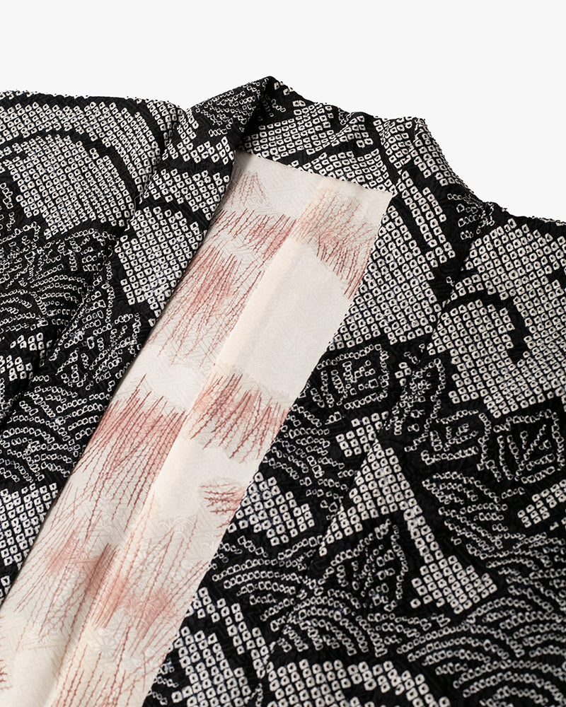 Kiriko Custom, Altered Haori Jacket, Full Shibori, Black with White Seigaiha and Leaves