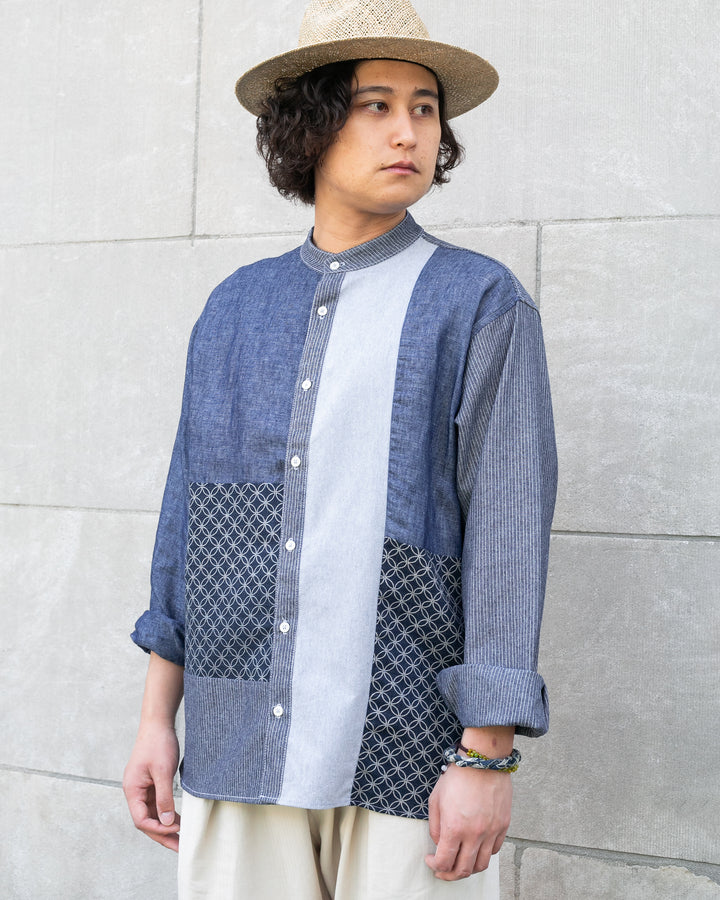 Long sleeve shirt with patched mandarin collar in Shippou pattern by Kiriko Made