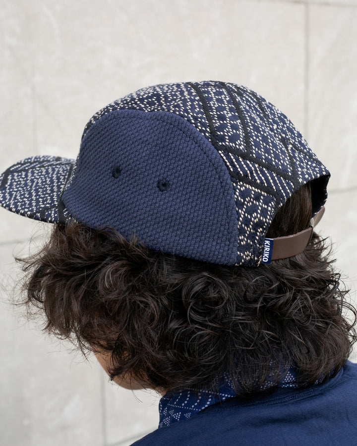 Kiriko Original Cap, 5-Panel, Two Tone, Indigo and Black Sashiko Hishi X Sashi-Ori