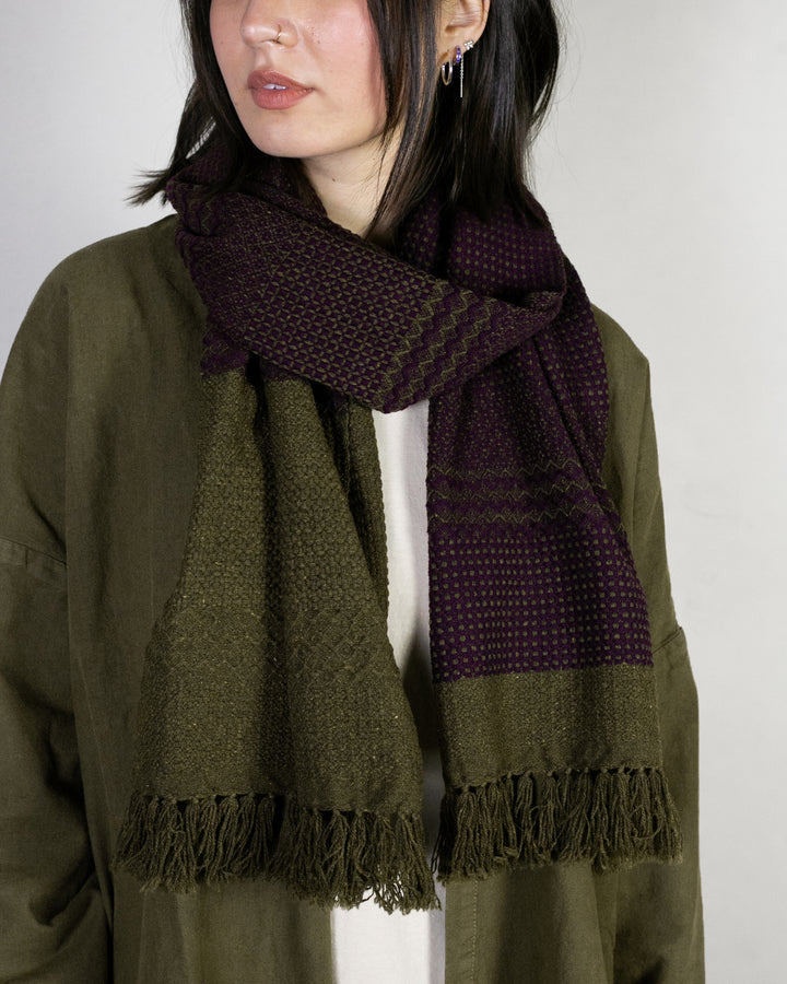 Kobo Oriza Scarf, Multi-Pattern Weave, Moss Green with Burgundy Accents