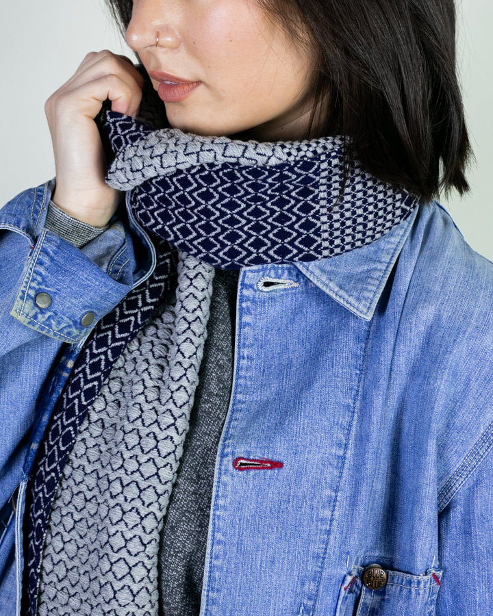 Kobo Oriza Scarf, Multi-Pattern Weave, Indigo with Grey Accents