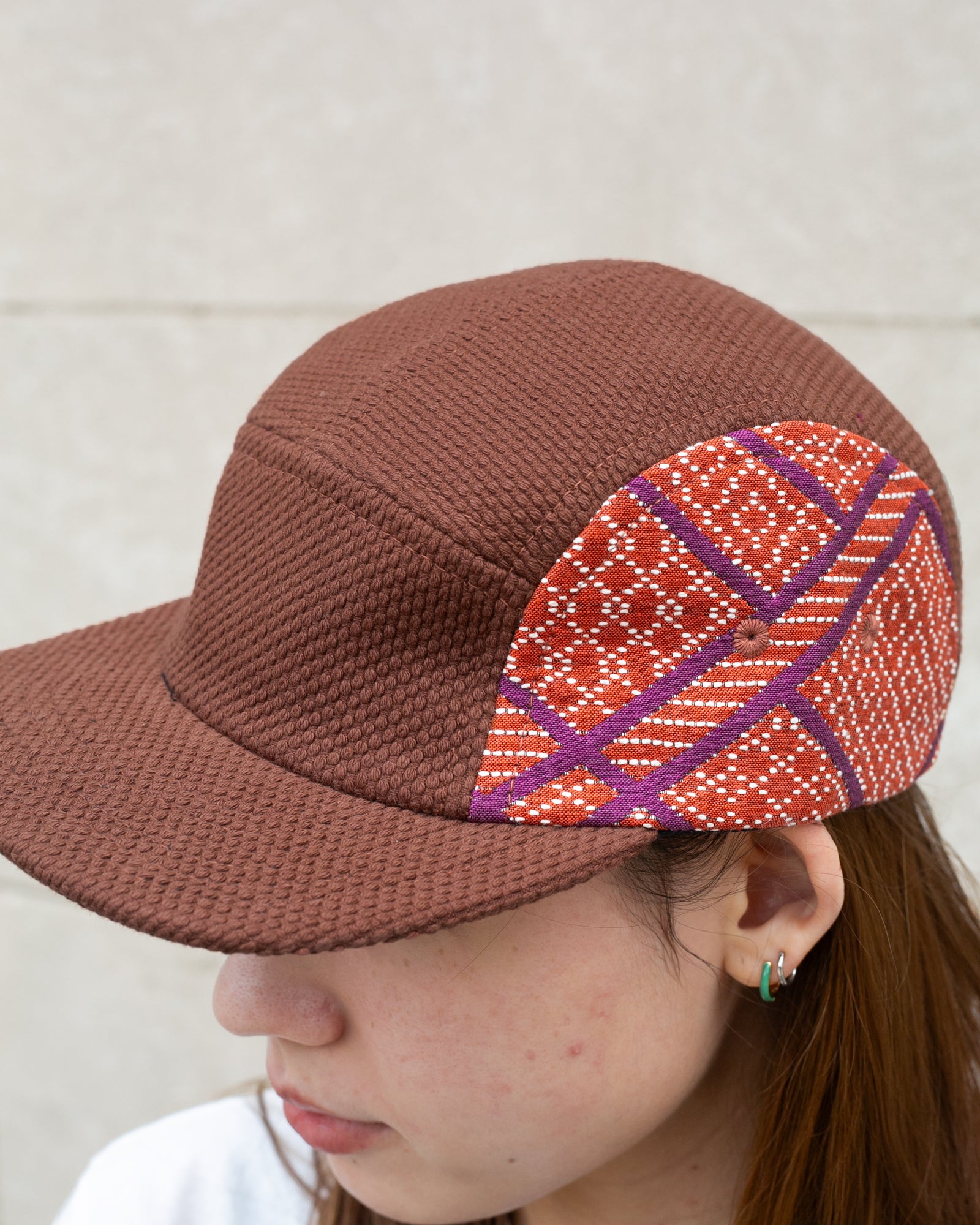Kiriko Original Cap, 5-Panel, Two Tone, Burnt Scarlet and Violet Sashiko Hishi X Sashi-Ori