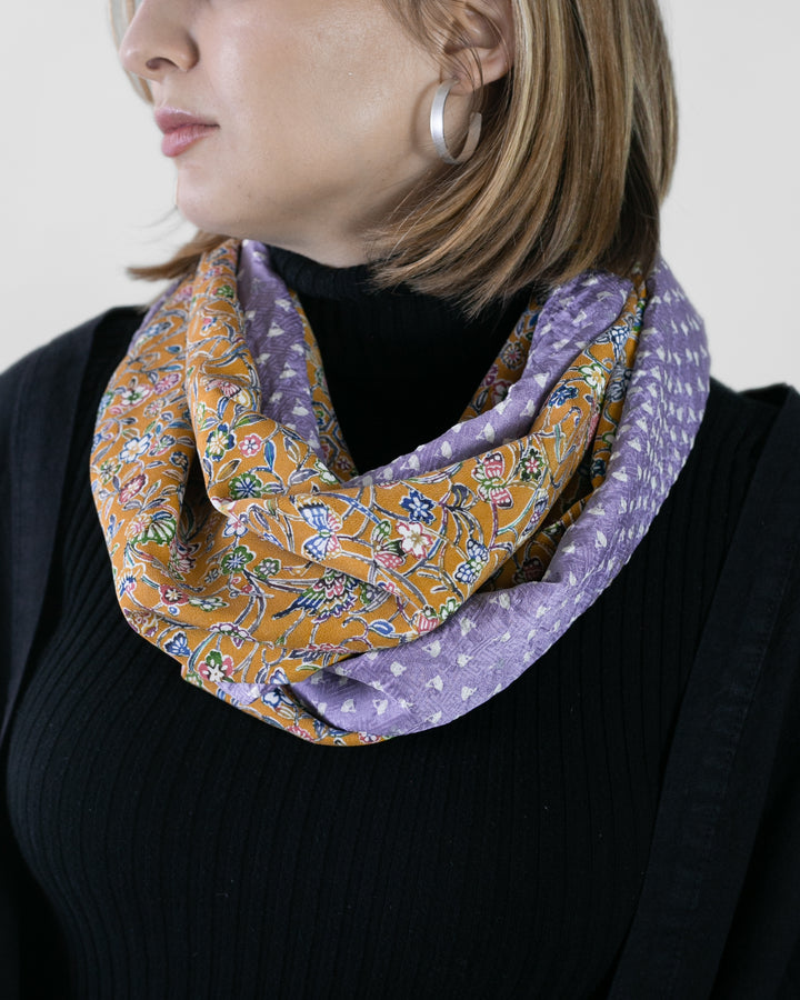 Kiriko Original Scarf, Infinity, Kimono, Kikkou and Kiku Sarasa with Lavender Shibori