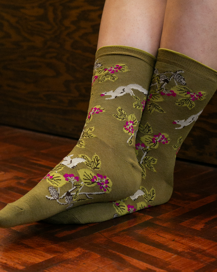 Debby Co., Crew Socks, Maison Blanche Collection, Olive with Squirrels and Magenta Flowers