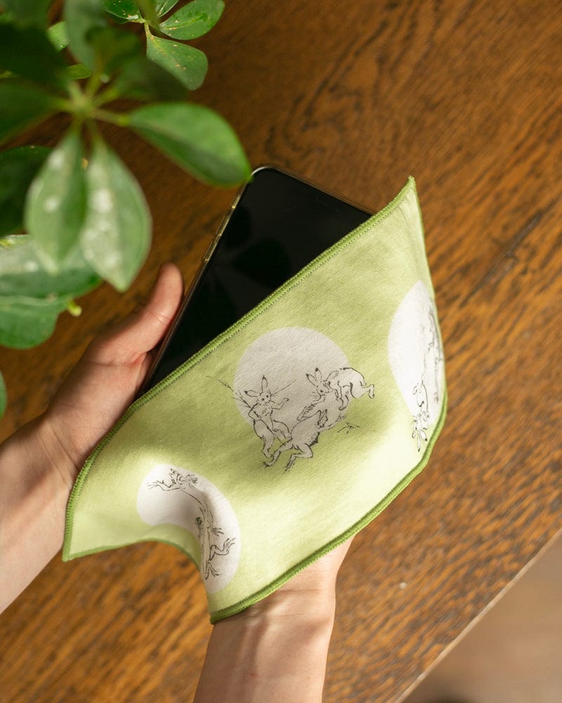 Green reversible handkerchief with Choju-giga print by Kiriko Made