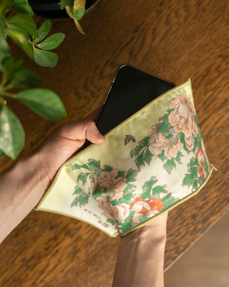 Japanese Handkerchief, Microfiber Reversible Rectangle, Green Hokusai Peony