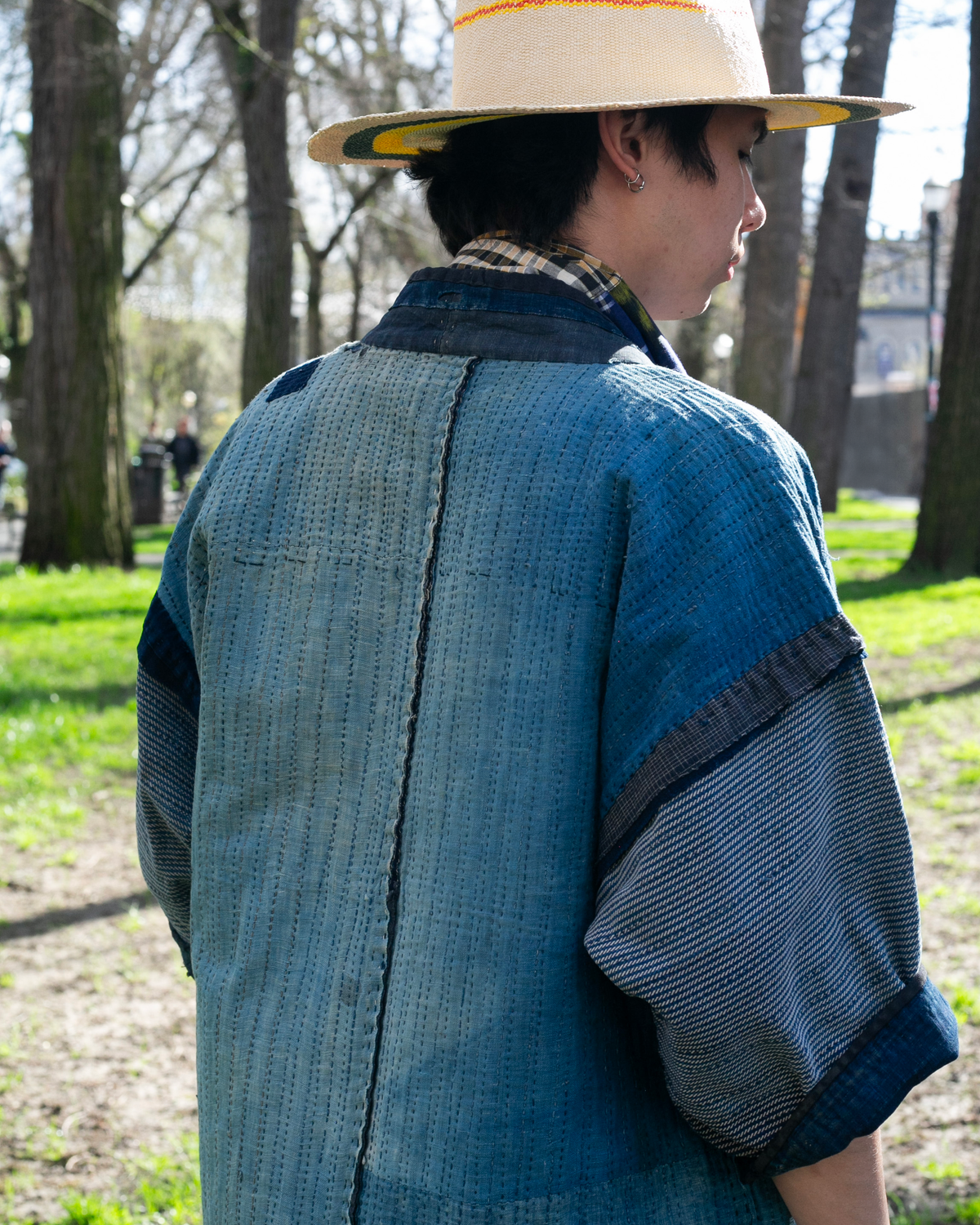 Vintage Noragi Jacket, Fully Sashiko Stitched, Indigo with Striped Sleeves