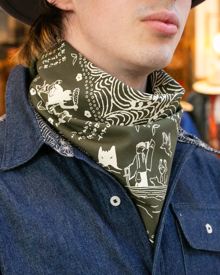 Kiriko Original Screen Printed, Custom-Dyed Bandana, Momotaro - Dark Green