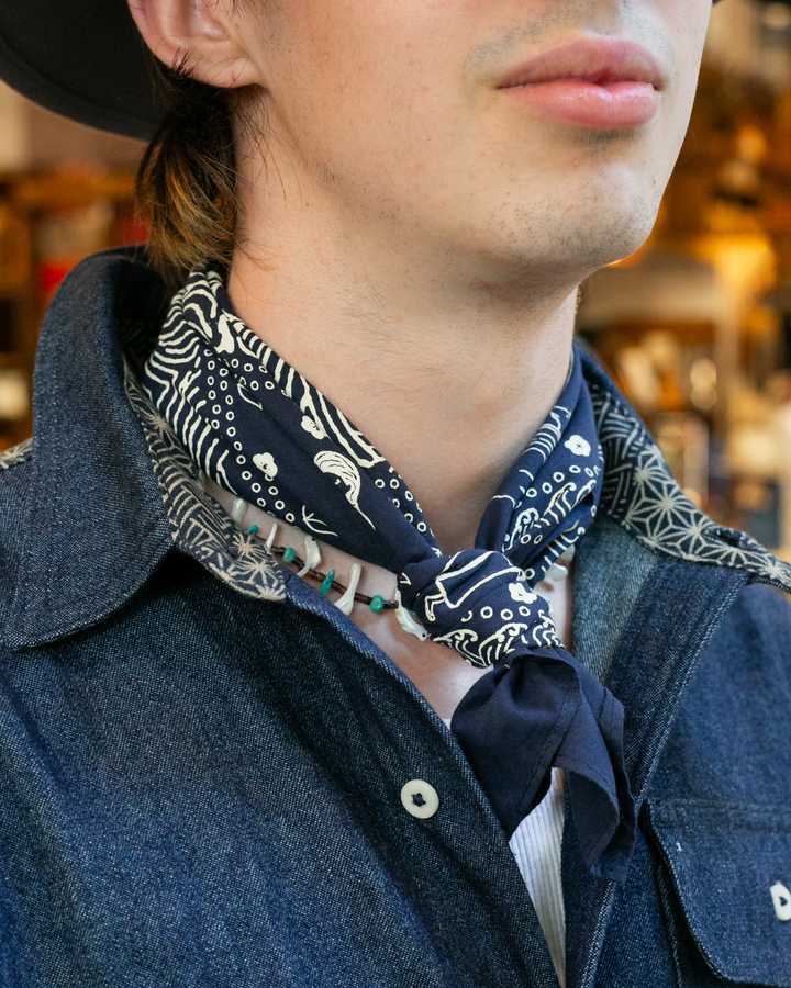 Kiriko Original Screen Printed, Custom-Dyed Bandana, Momotaro - Blue