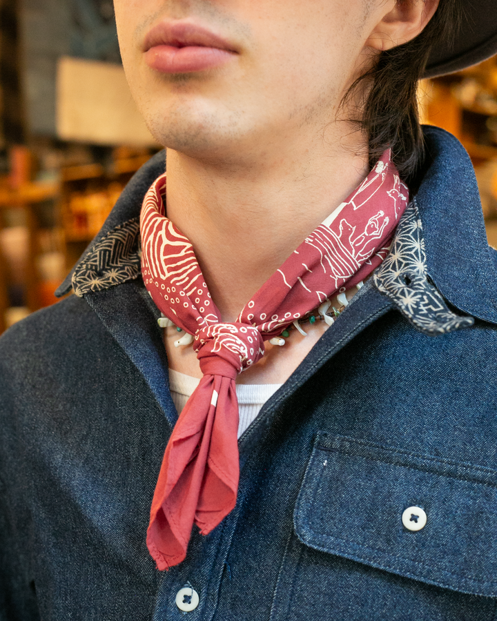 Kiriko Original Screen Printed, Custom-Dyed Bandana, Momotaro - Red