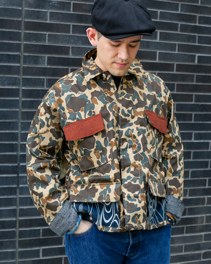 Kiriko Custom Military Jacket, Camo Patched, Obi Phoenix #2 with Indigo and Cream Kanzemiumon and Rust Pocket Flaps