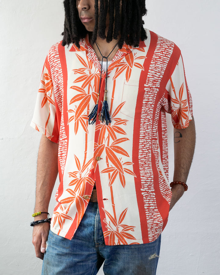 Japanese Repro, Short Sleeve Aloha Shirt, Sun Surf Brand, Red Stripes with Orange Leaves