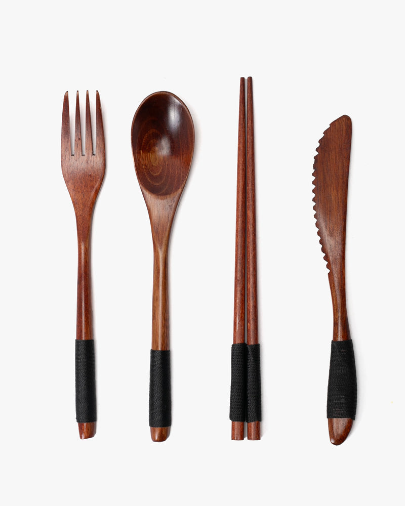 Wooden Utensils, Chopsticks, Spoon, Fork and Knife Set of 4 With Black Accents, With Case