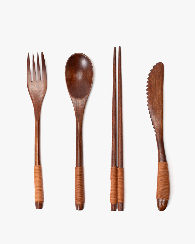 Wooden Utensils, Chopsticks, Spoon, Fork and Knife Set of 4 With Rose Accents, With Case