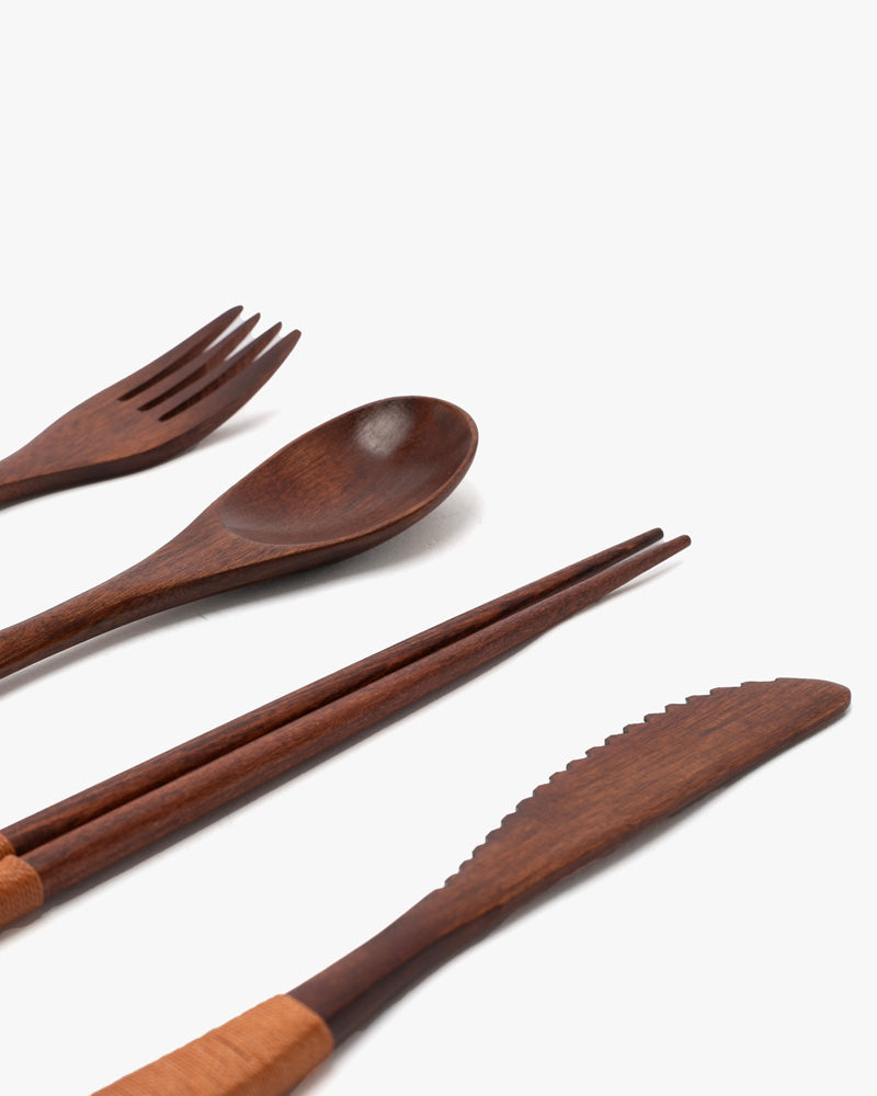 Wooden Utensils, Chopsticks, Spoon, Fork and Knife Set of 4 With Rose Accents, With Case