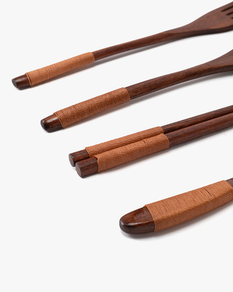 Wooden Utensils, Chopsticks, Spoon, Fork and Knife Set of 4 With Rose Accents, With Case