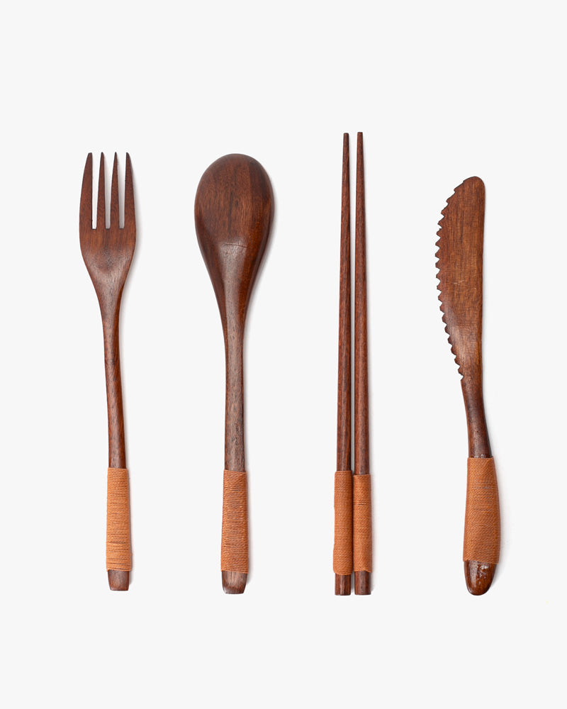 Wooden Utensils, Chopsticks, Spoon, Fork and Knife Set of 4 With Rose Accents, With Case