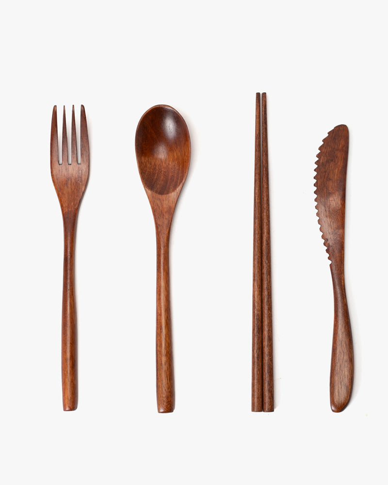 Wooden Utensils, Chopsticks, Spoon, Fork and Knife Set of 4, With Case