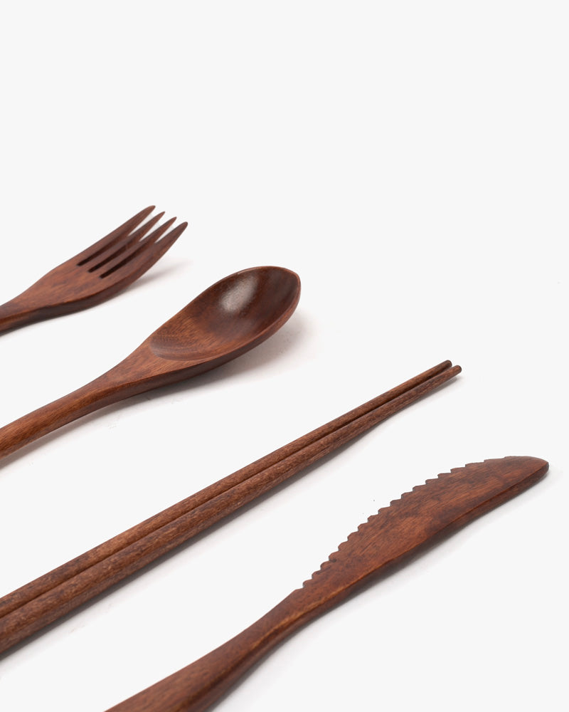Wooden Utensils, Chopsticks, Spoon, Fork and Knife Set of 4, With Case