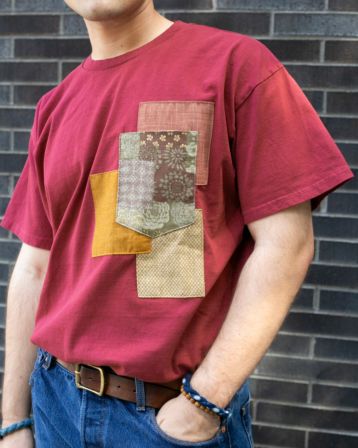 Kiriko Original Tee, 8oz Cotton, Patched Pocket Tee, Red with Gold Kanoko, Azuki Patchwork and Old Rose
