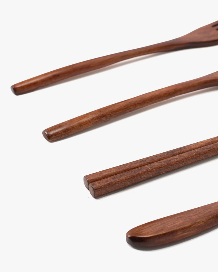 Wooden Utensils, Chopsticks, Spoon, Fork and Knife Set of 4, With Case