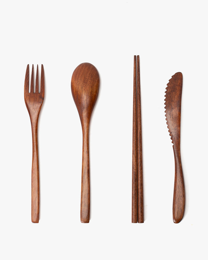 Wooden Utensils, Chopsticks, Spoon, Fork and Knife Set of 4, With Case