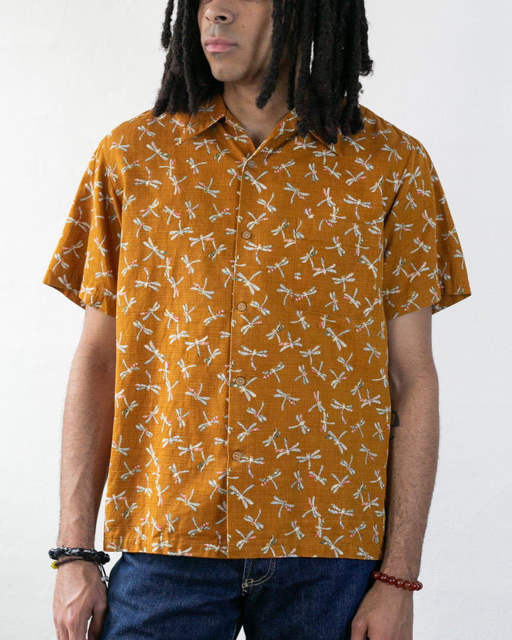 Japanese Repro, Short Sleeve Aloha Shirt, Studio of Dartisan, Ochre with Dragon Flies