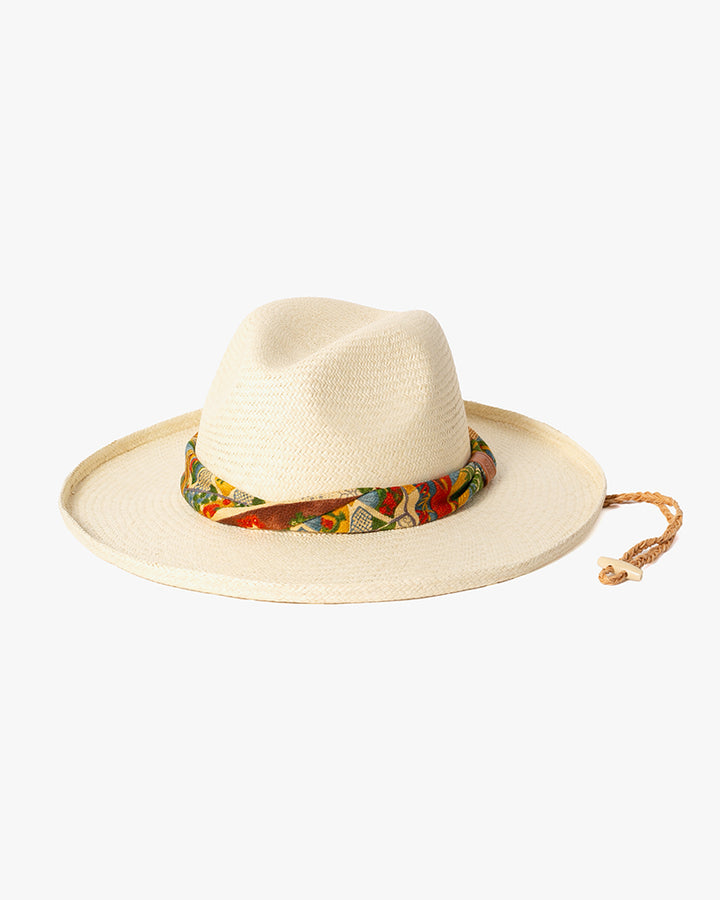 Kiriko Custom Panama Hat, Straw, Shades of Orange Multi Pattern with Blue and Green Accents