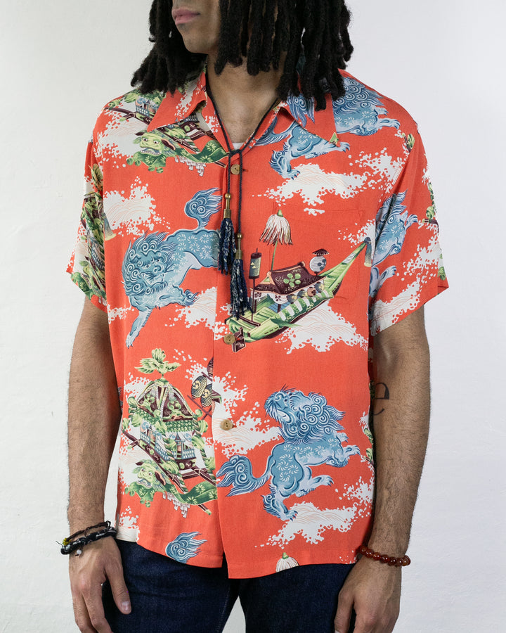 Japanese Repro, Short Sleeve Aloha Shirt, Sun Surf Brand, Bright Orange with Boats and Lions