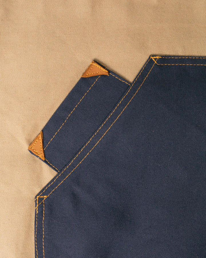 Kokoro Original Work Apron, Full, Canvas Two-Tone, Beige with Navy Pockets