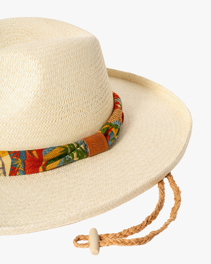 Kiriko Custom Panama Hat, Straw, Shades of Orange Multi Pattern with Blue and Green Accents