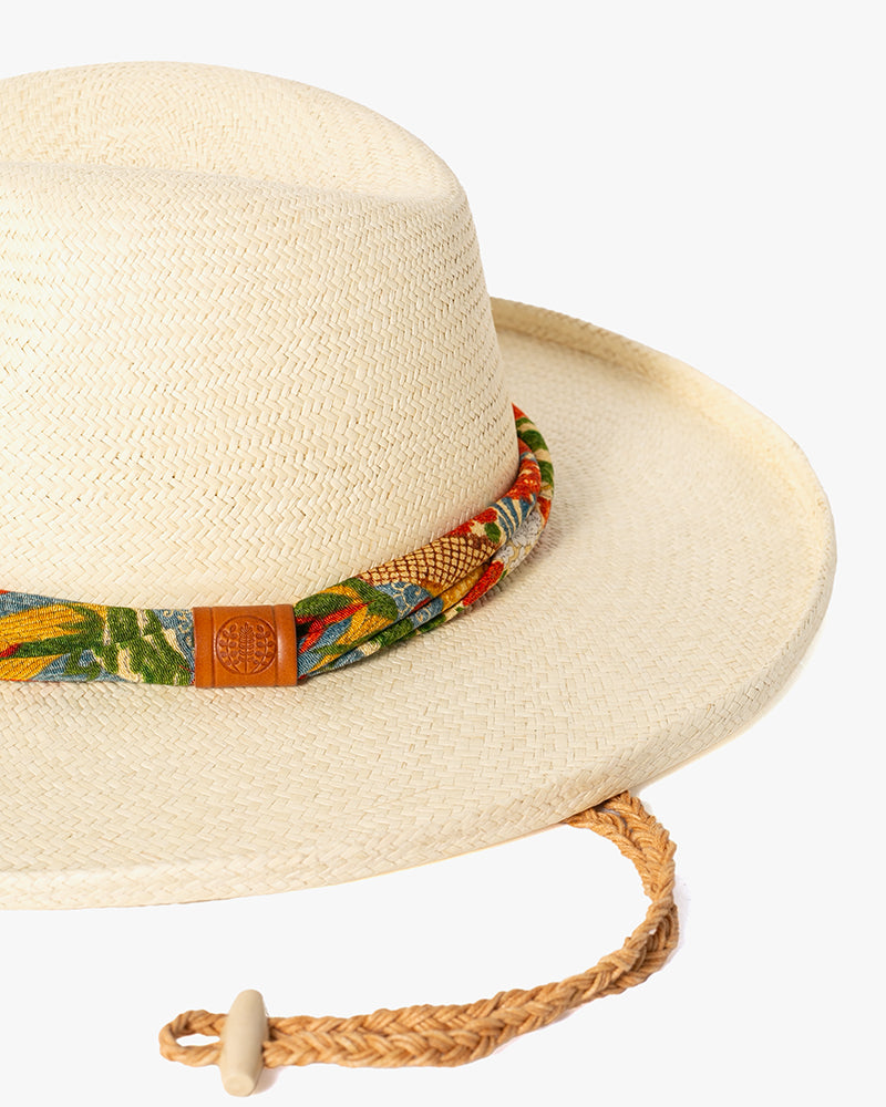 Kiriko Custom Panama Hat, Straw, Shades of Orange Multi Pattern with Blue and Green Accents