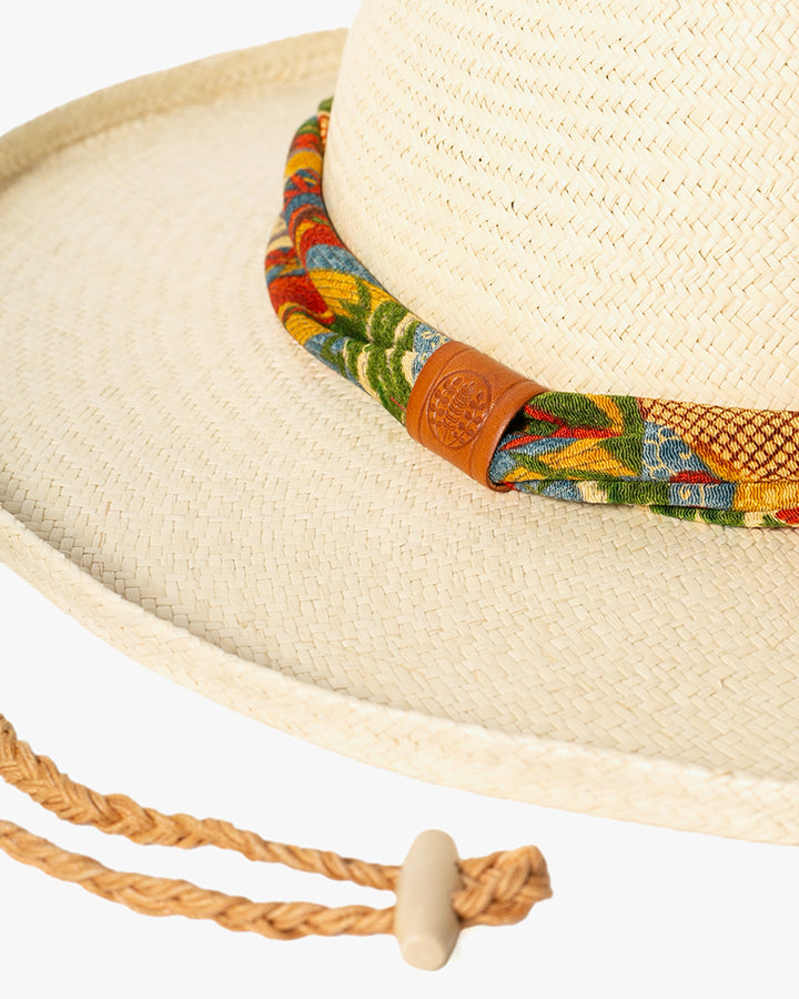 Kiriko Custom Panama Hat, Straw, Shades of Orange Multi Pattern with Blue and Green Accents