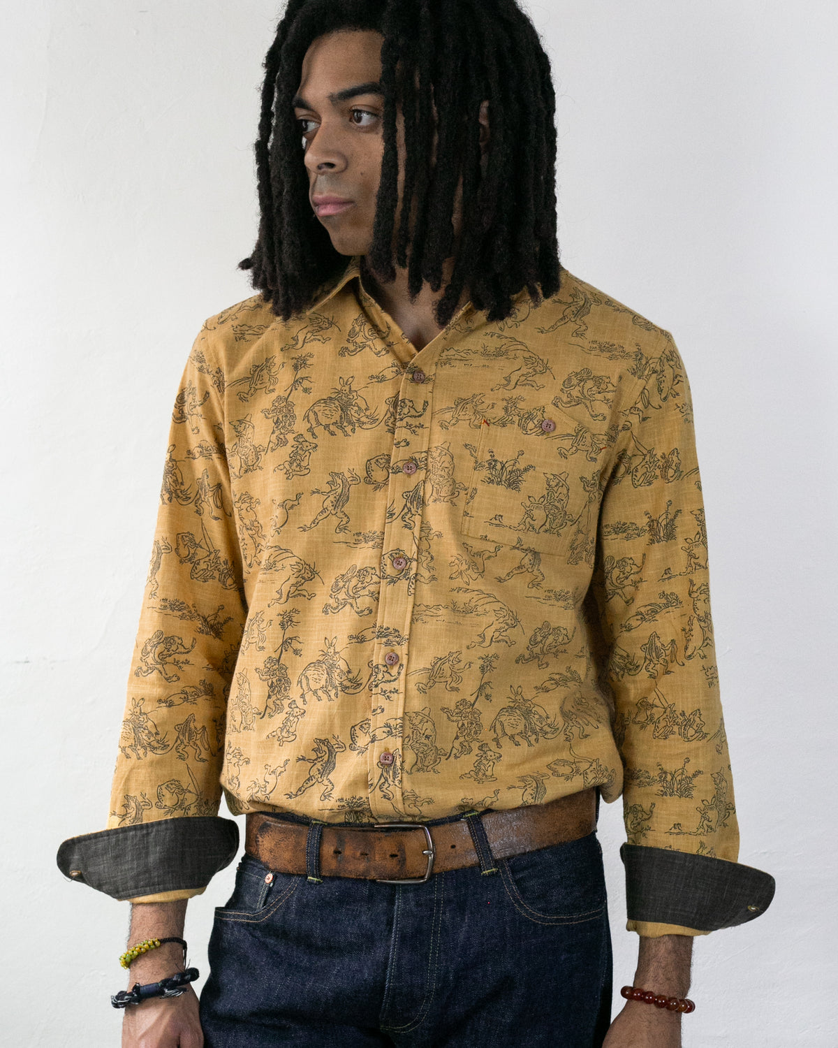 Kiriko Original long sleeve shirt, mustard with choju giga scroll motif