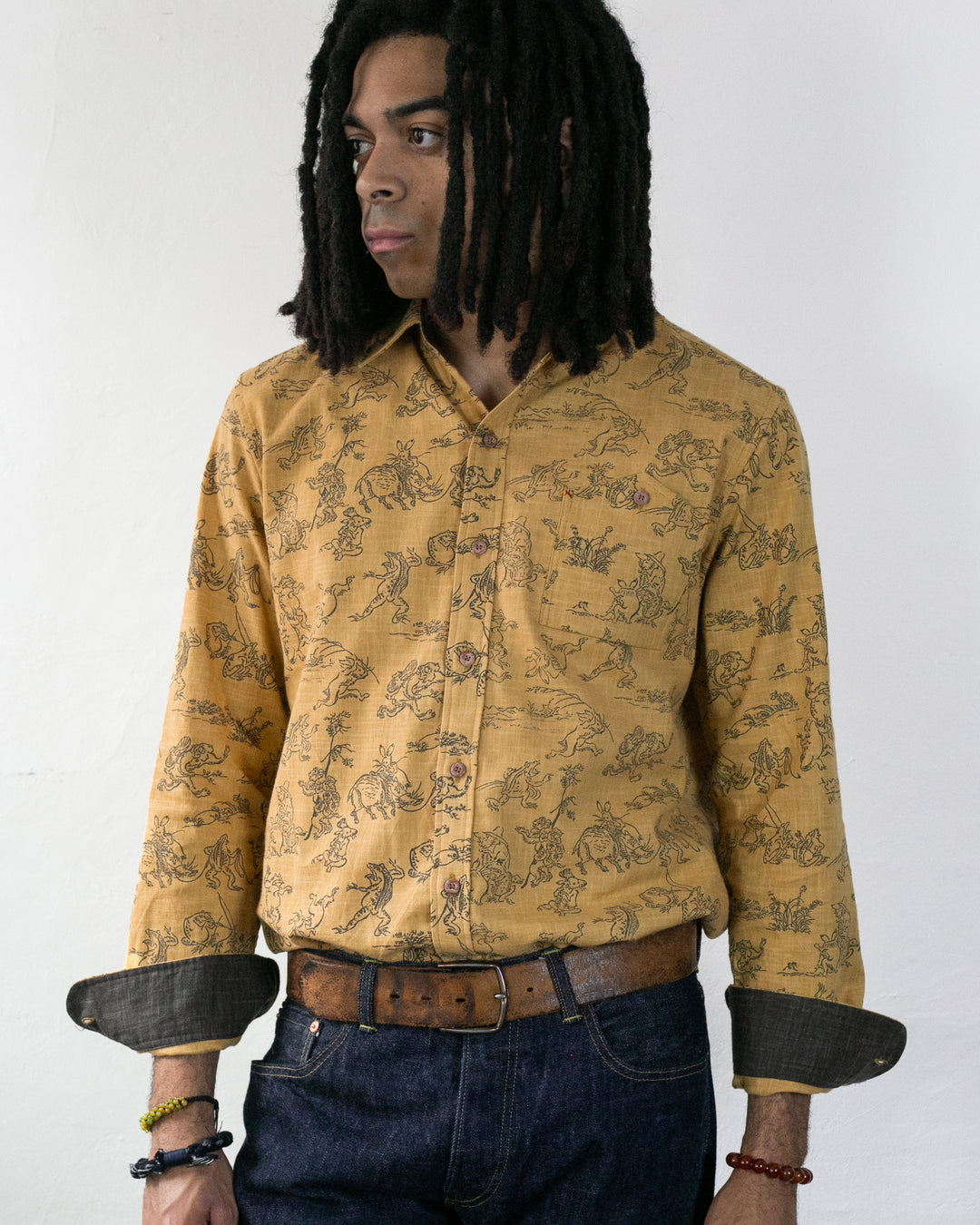 Kiriko Original long sleeve shirt, mustard with choju giga scroll motif