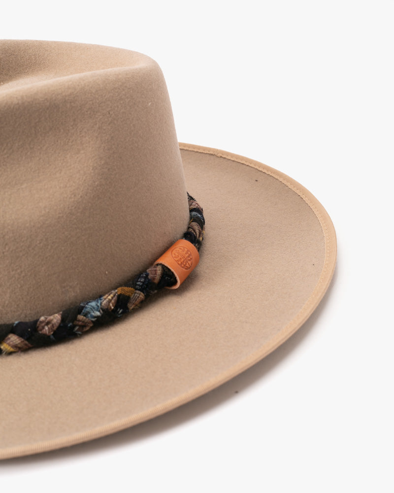 Kiriko Custom Wool Felt Hat, Camel with Braided Black and Yellow, Brixton, Indigo Kasuri and Burgundy Plaid
