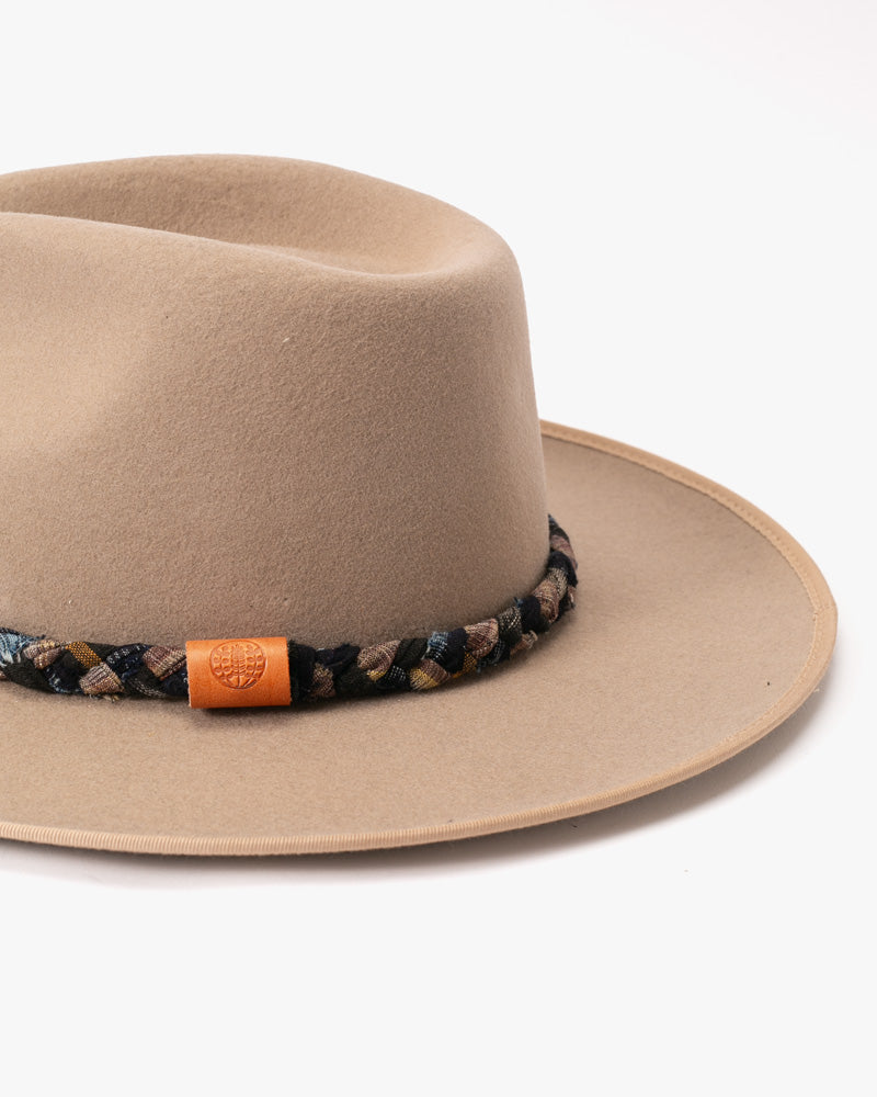 Kiriko Custom Wool Felt Hat, Camel with Braided Black and Yellow, Brixton, Indigo Kasuri and Burgundy Plaid