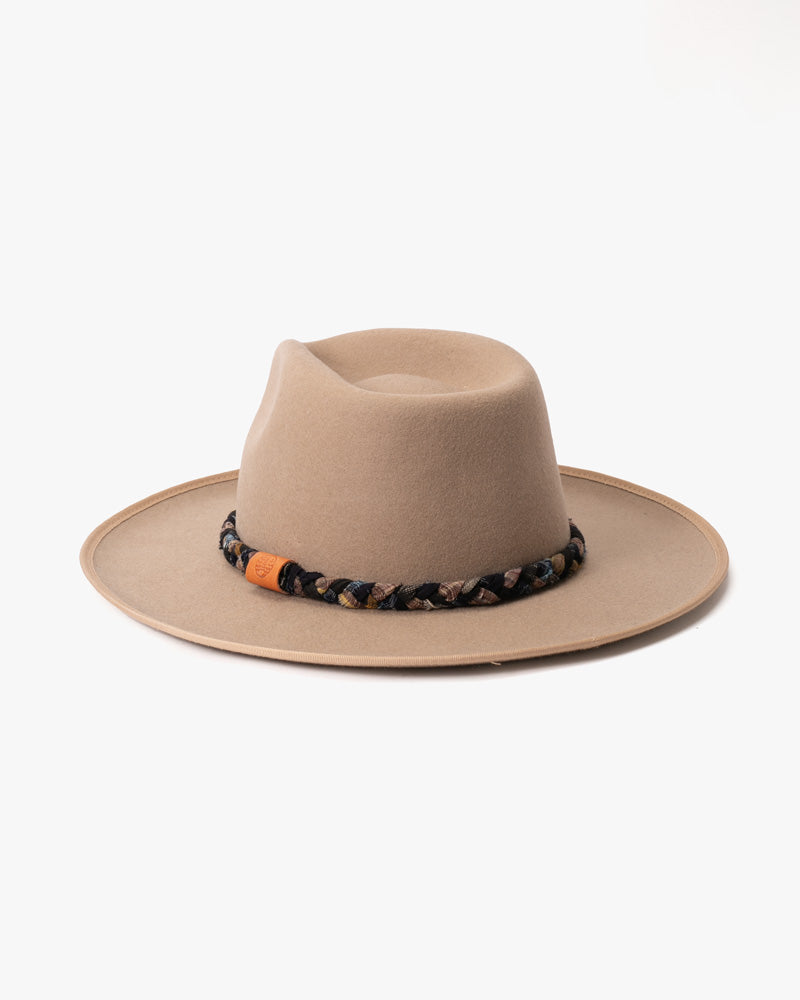 Kiriko Custom Wool Felt Hat, Camel with Braided Black and Yellow, Brixton, Indigo Kasuri and Burgundy Plaid