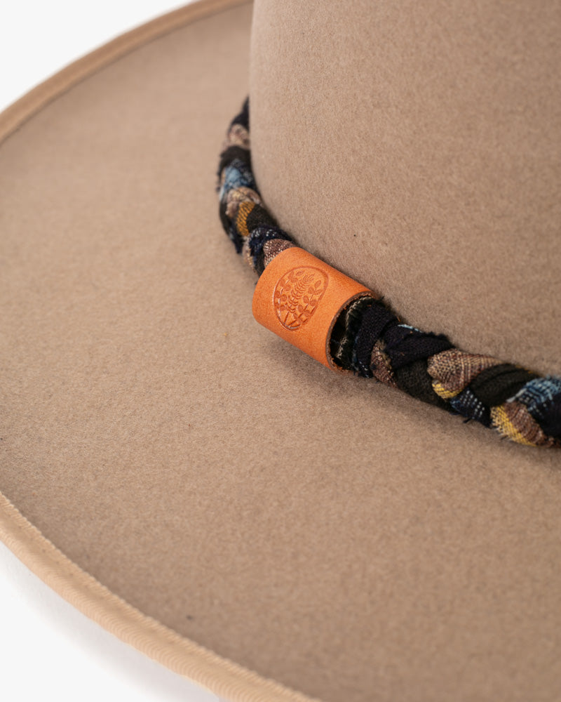 Kiriko Custom Wool Felt Hat, Camel with Braided Black and Yellow, Brixton, Indigo Kasuri and Burgundy Plaid