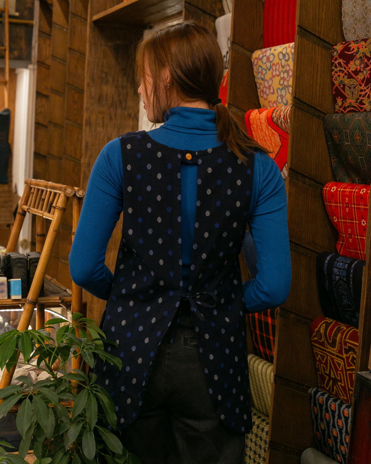 ToK Japanese Apron, Pocket, Indigo with Multi-Blue Polka Dots