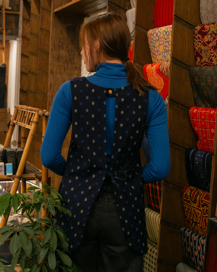 ToK Japanese Apron, Pocket, Indigo with Multi-Blue Polka Dots