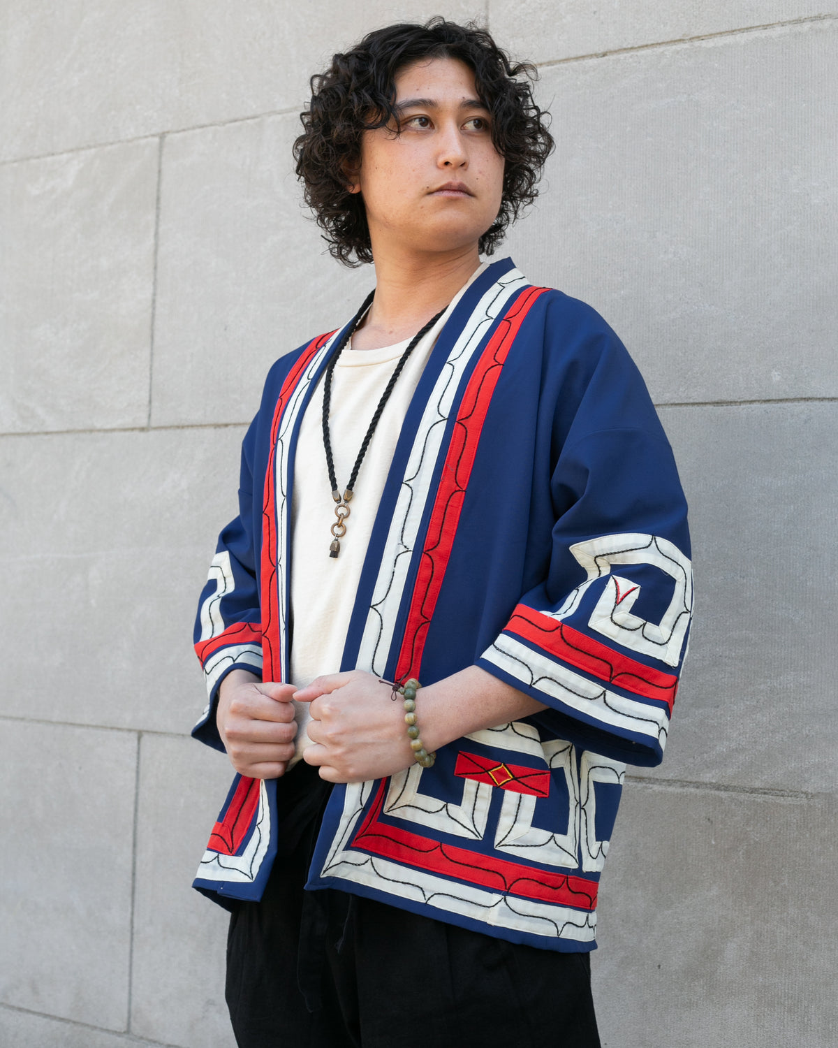Vintage Ainu Jacket, Short, Blue with Red and White Patterns