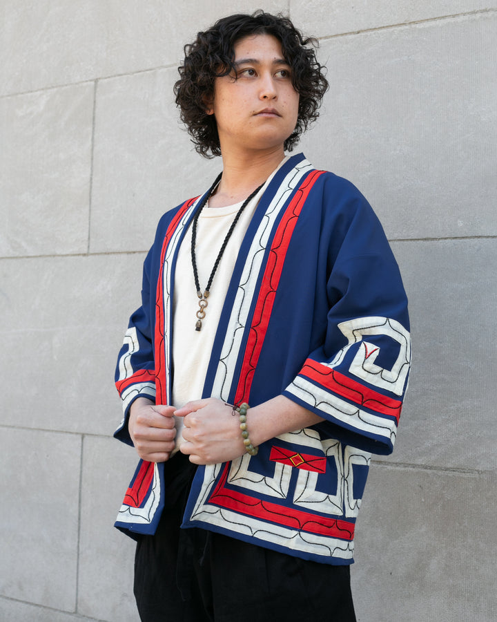 Vintage Ainu Jacket, Short, Blue with Red and White Patterns