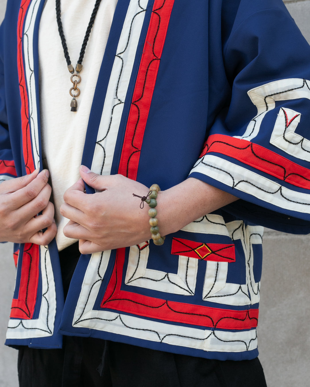 Vintage Ainu Jacket, Short, Blue with Red and White Patterns