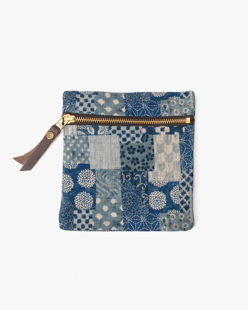 Kiriko Original Flat Zipper Pouch, Small, Washed Indigo Patchwork Style