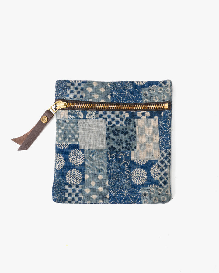 Kiriko Original Flat Zipper Pouch, Small, Washed Indigo Patchwork Style